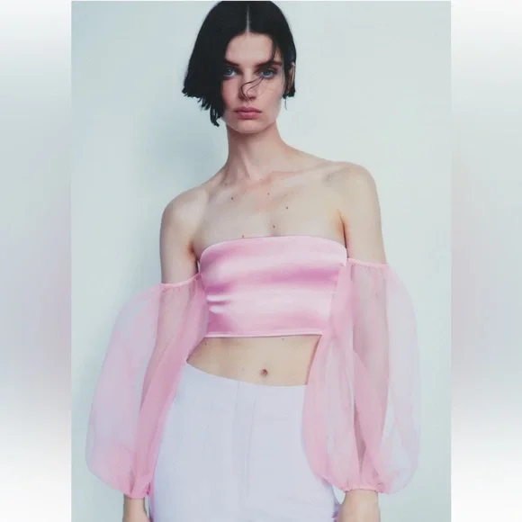 Brand New ZARA BLOGGERS FAV CONTRASTING ORGANZA pink TOP Size Small - Picture 4 of 8